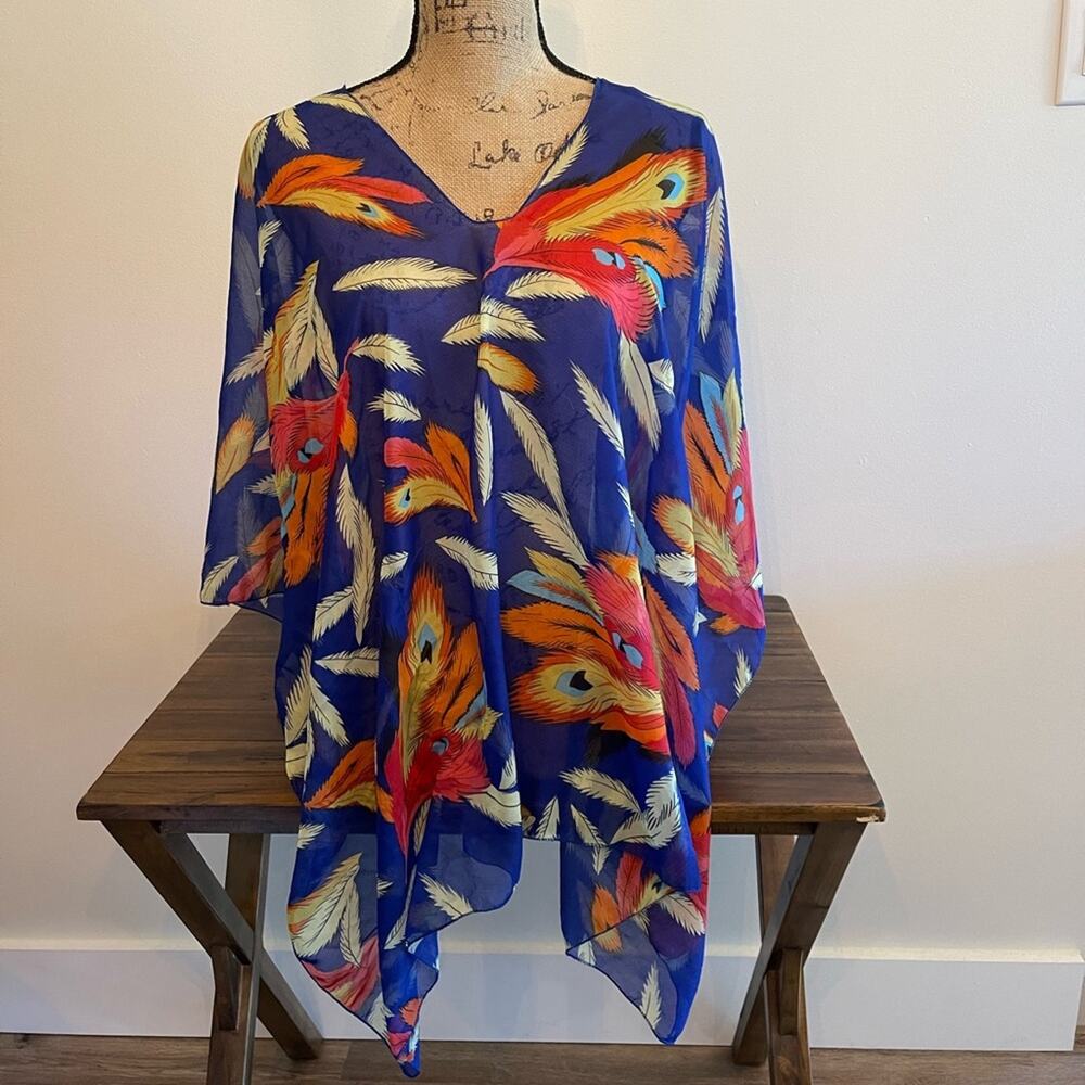Blue Bathing Suit Cover Up with Colorful Feather Design
